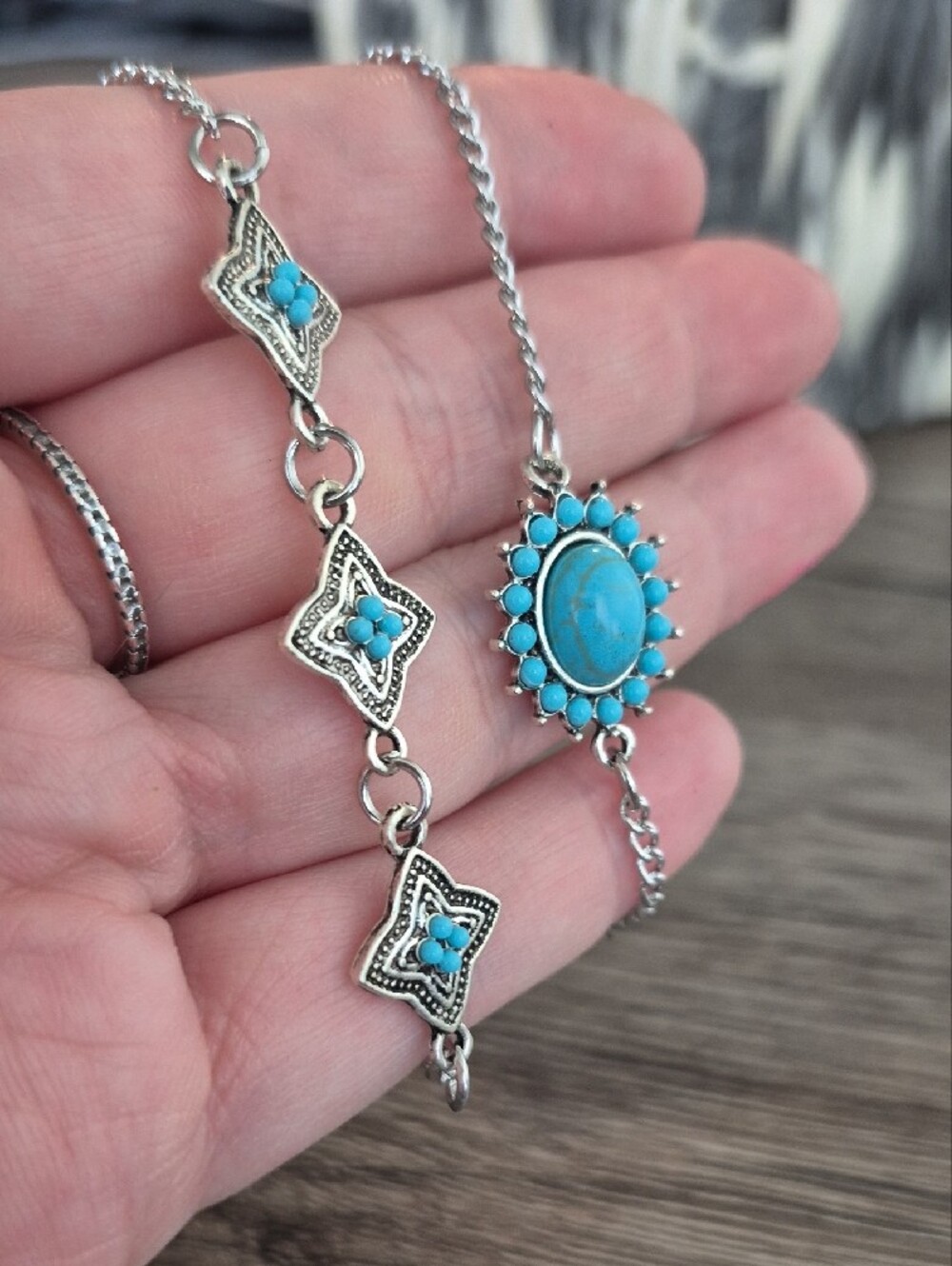 Delicate Silver Chain Bracelets with Turquoise Accents - Set of 2
